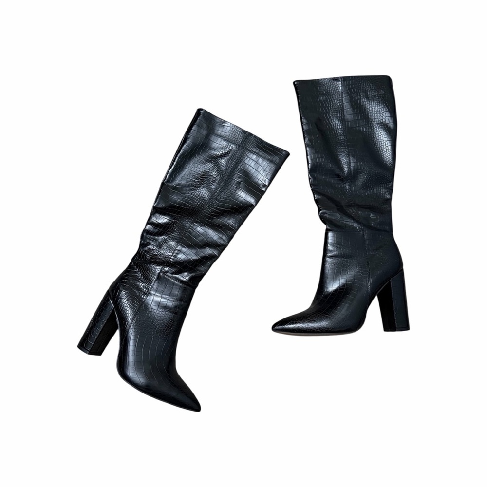 Unbranded Size 38 Women’s Tall Heeled Boots Knee High Snake Print Black Used